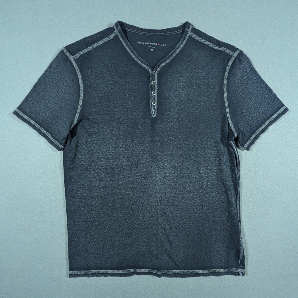 John Varvatos Henley Shirt Mens Medium Blue Short Sleeve Contrast Stitch